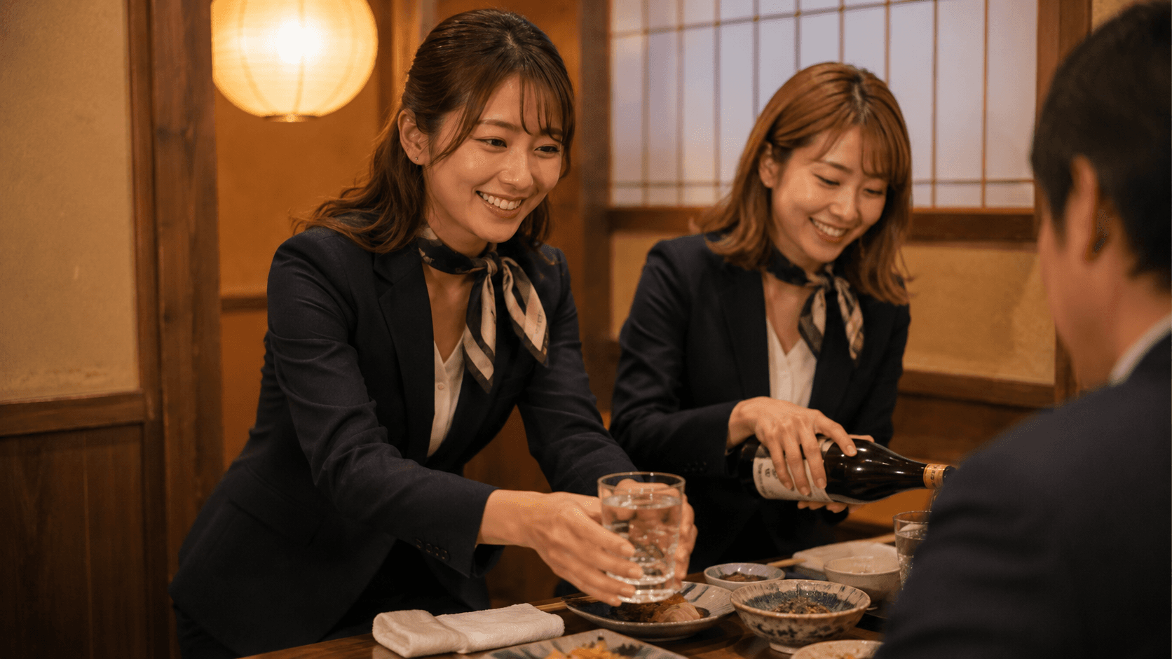 宴席でお客様へ飲み物を注ぐコンパニオン
